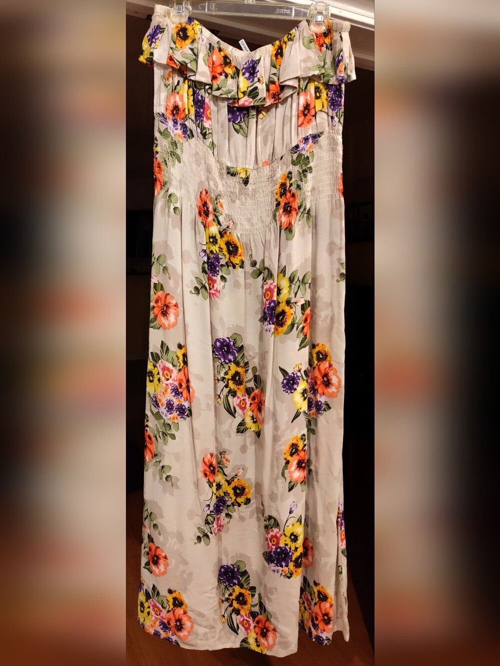 Cream Floral Off-Shoulder Maxi Dress with Orange, Yellow & Purple Blooms